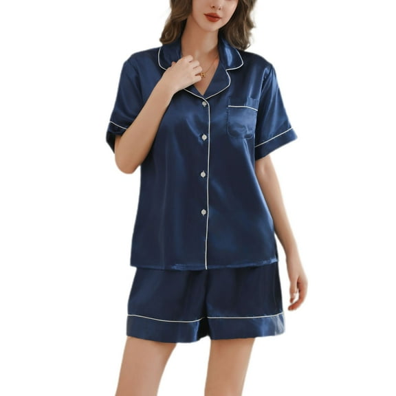 SWSMCLT Women's Satin Pajama Set Short Sleeve Button Down Classic Pajamas Summer Pjs 2 Piece Shorts Silky Cool Navy Medium
