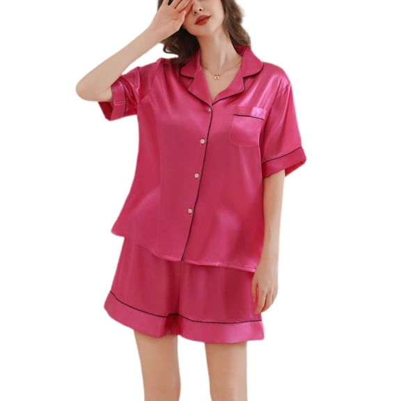 SWSMCLT Women's Satin Pajama Set Short Sleeve Button Down Classic Pajamas Summer Pjs 2 Piece Shorts Silky Cool Rose Small