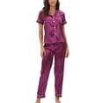 thumbnail image 1 of SWSMCLT Women's Satin Pajamas 2 Piece Pjs Summer Fall Button Pajama Set Soft Short Sleeve Pant Silky Lightweight Cool Spring Purple X-Large, 1 of 5