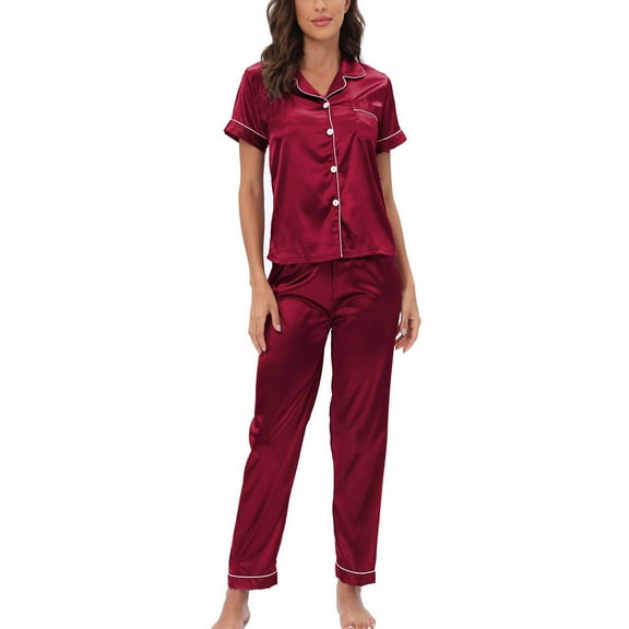 SWSMCLT Women's Satin Pajamas 2 Piece Pjs Summer Fall Button Pajama Set Soft Short Sleeve Pant Silky Lightweight Cool Spring Red Large