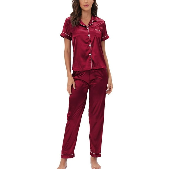 SWSMCLT Women's Satin Pajamas 2 Piece Pjs Summer Fall Button Pajama Set Soft Short Sleeve Pant Silky Lightweight Cool Spring Red Large
