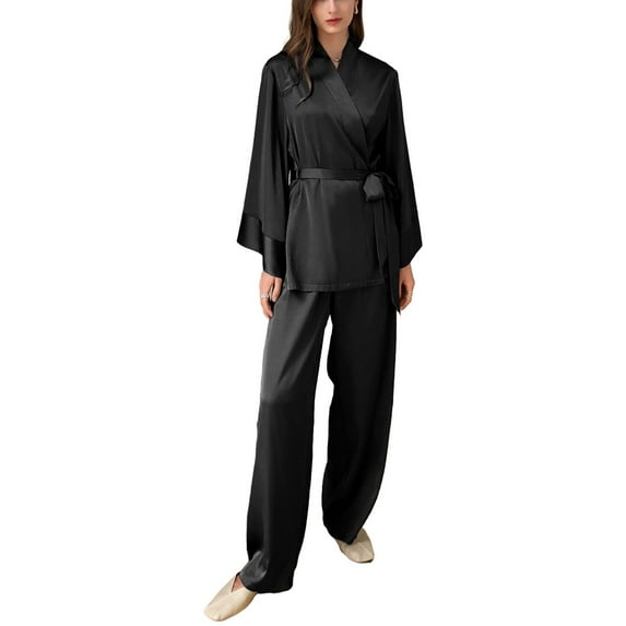 SWSMCLT Women's Satin Pajamas Set Comfy Luxury Sleeping Pjs 2 Piece Soft V Neck Fall Spring Long Sleeve Lounge Black Large