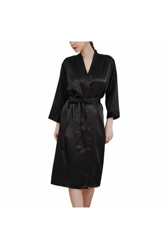 Women's Satin Robe 3/4 Sleeve Summer Fall Silky Loungewear Robe Comfy House Thin Soft Knee Length Cool Spring Black Medium