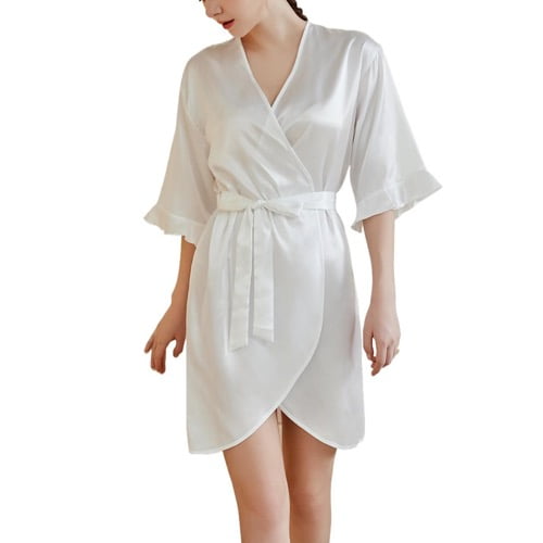 SWSMCLT Women's Satin Robe Sexy Half Sleeve Bathrobe Cool V Neck Sleepwear Summer Silky House Soft Short Sleeve Fall Thin White Large
