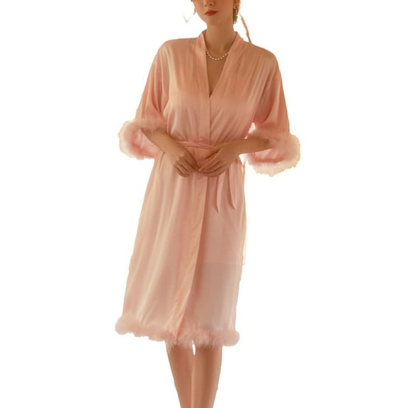 SWSMCLT Women's Satin Robe Soft Pajamas Wedding Loungewear Bride Bridesmaid Silky Feather V Neck Comfy Summer Bride Pink X-Small