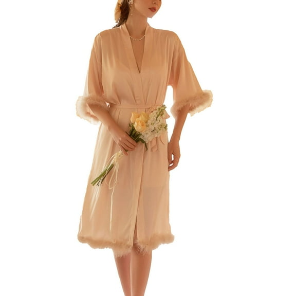 SWSMCLT Women's Satin Robe Soft Pajamas Wedding Loungewear Bride Bridesmaid Silky Feather V Neck Comfy Summer Bride champagne Small