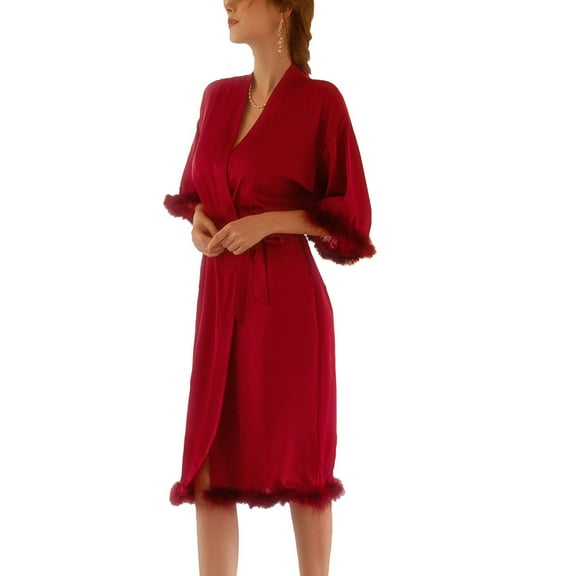 SWSMCLT Women's Satin Robe Soft Pajamas Wedding Loungewear Bride Bridesmaid Silky Feather V Neck Comfy Summer Burgundy Large