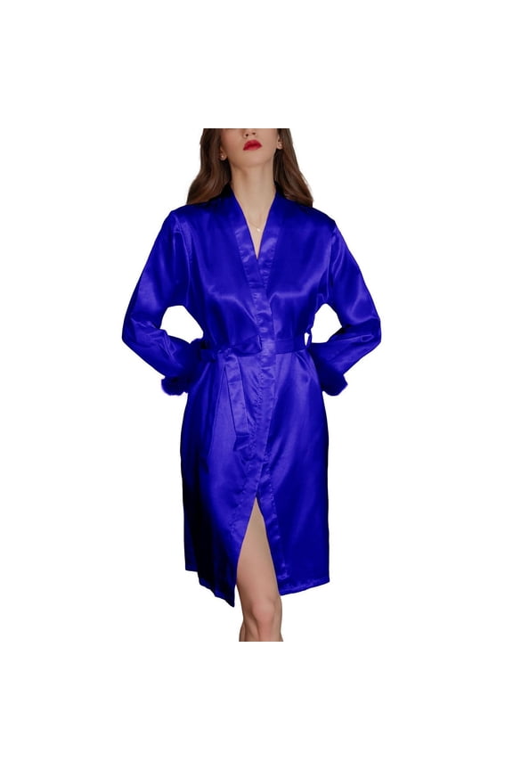 Women's Satin Robe Soft Pjs Bride Summer Faux Fur Luxury V Neck Thin Valentines Day Silky House Pajamas Navy Small