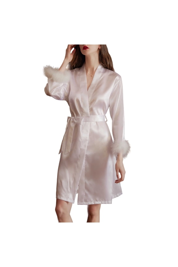 Women's Satin Robe Soft Pjs Bride Summer Faux Fur Luxury V Neck Thin Valentines Day Silky House Pajamas White Medium
