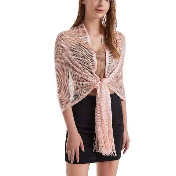SWSMCLT Women's See Through Fringe for Wedding Shawl Wraps Shrug Scarf Top Metallic Blouse Beach Summer Light Pink One Size