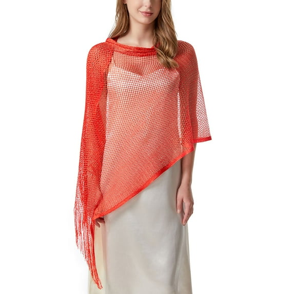 SWSMCLT Women's See Through Fringe for Wedding Shawl Wraps Shrug Scarf Top Metallic Blouse Beach Summer Red One Size