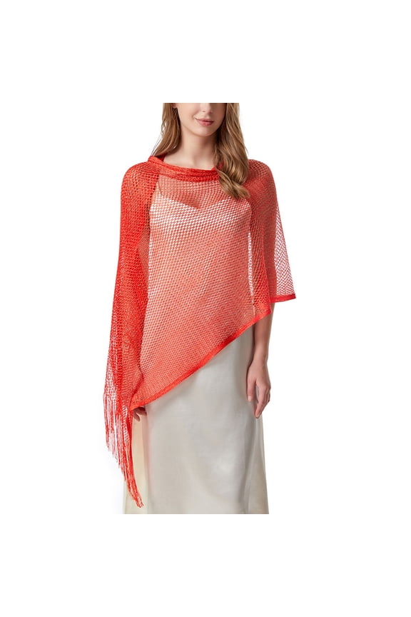 Women's See Through Fringe for Wedding Shawl Wraps Shrug Scarf Top Metallic Blouse Beach Summer Red One Size