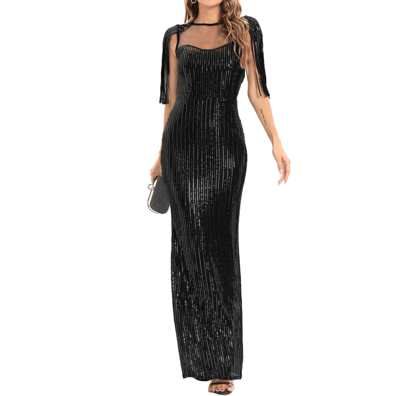 SWSMCLT Women's Sequin Dress Tassel Maxi Prom Bodycon Evening Gown Elegant  Formal Hoco Sleeveless Cocktail Bridesmaid Long Dresses Full-Length  Homecoming Party Crew Neck Black 4 - Walmart.com