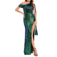 thumbnail image 1 of SWSMCLT Women's Sequin Maxi Dress Elegant Formal Evening Gown Wedding Party Sparkle Glitter Shiny Floor Length Asymmetrical Dress One Shoulder Cape Sleeve Thigh High Slit Teal Blue Green 4, 1 of 4