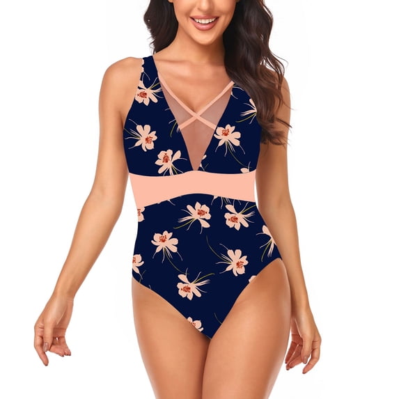 SWSMCLT Women's Sexy Bathing Suit Mesh Swimming One Piece Swimsuit Beach V Neck Summer One Piece Swimwear Navy 16