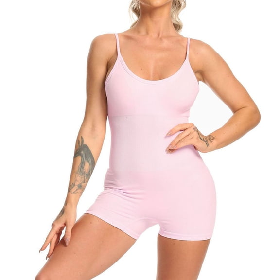 SWSMCLT Women's Sexy Bodysuit Spandex Bodysuit Top Spaghetti Strap Bodycon Sleeveless Scoop Neck Short One Piece Pink Large