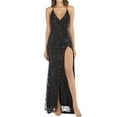 thumbnail image 1 of SWSMCLT Women's Sexy High Slit Maxi Sequin Dress V Neck Backless Evening Gown Ruched Pleated Tie Back Hoco Tassel Full-length Cocktail Slit Party Long Dresses Homecoming Bridesmaid Black 10, 1 of 5