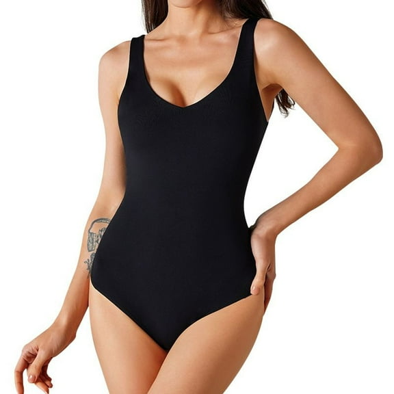 SWSMCLT Women's Sexy Leotard Tummy Control Jumper Sleeveless Winter Bodysuit Top Thong Summer Open Back Black Medium