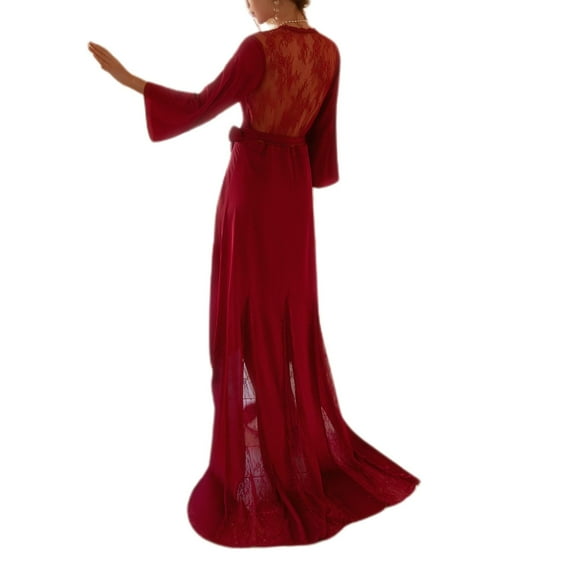 SWSMCLT Women's Sexy Robe Summer Pjs Long House Holiday Pajamas Luxury Soft Comfy Lace See Through Spring Bride Burgundy Large