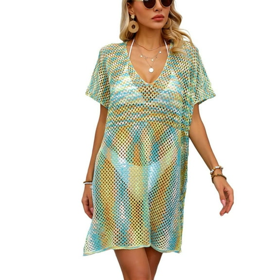 SWSMCLT Women's Sexy Swimsuit Beach Cover Up Spring Cover Up Dress V Neck Crochet Net Sheer Deep V Neck Light Peacock Blue Small-Large