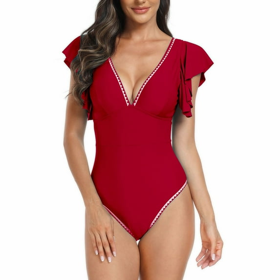 SWSMCLT Women's Sexy Swimsuit Padded Bathing Suit Ruched Bodycon One Piece Swim Suit Slimming Ruffled Swimming Burgundy X-Large