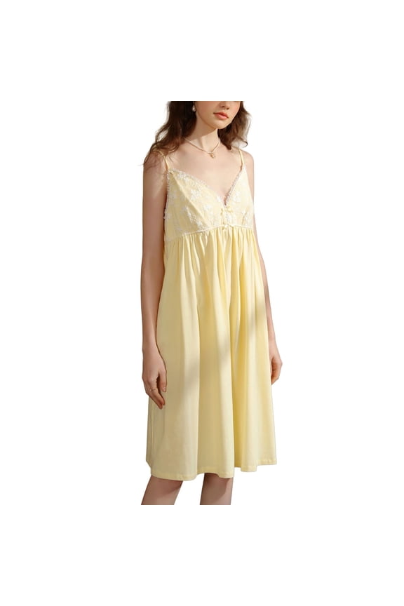 Women's Sexy Victorian Nightgown V Neck Chemise Slip Sleeveless Night Gown Cotton Deep V Neck Summer Sleep Dress Bow Fall Cute Vintage Removable Pads Loungewear Yellow Large
