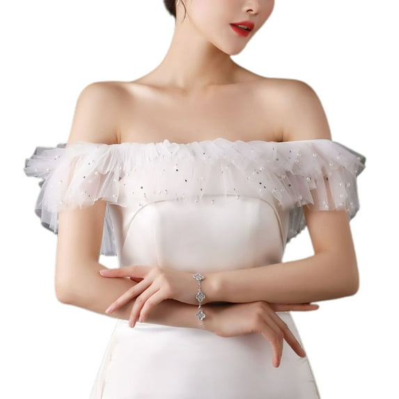 SWSMCLT Women's Sheer Blouse Sequin Cape Elegant Wedding Off The Shoulder Short Summer Boat Neck Blouses diamond One Size