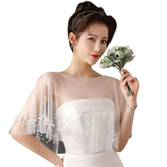 SWSMCLT Women's Sheer Blouse Sequin Cape Elegant Wedding Off The Shoulder Short Summer Boat Neck Blouses pearl One Size