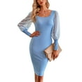 thumbnail image 1 of SWSMCLT Women's Sheer Mesh Polka Dot Bishop Sleeve Long Sleeve Bodycon Dress Stretch Knee Length Illusion Sigh Slit Scoop Neck Dinner Wedding Evening Cocktail Party Midi Dresses Light Blue Medium, 1 of 5