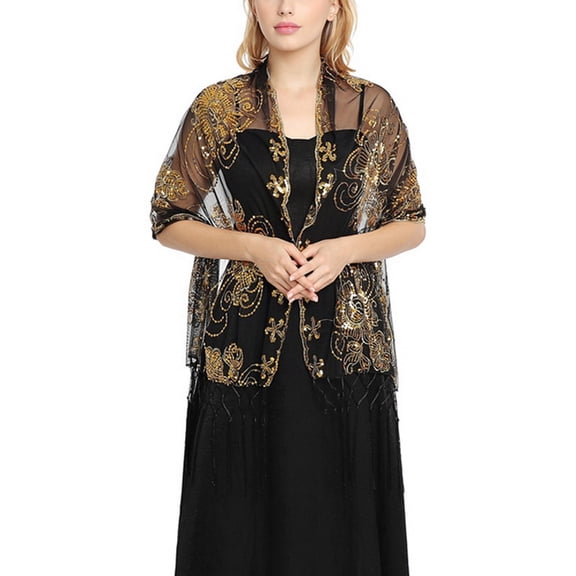 SWSMCLT Women's Sheer Pashmina Shawl Winter Scarf Rave Fashion Bridal Luxury Fall Fringe Cozy Lightweight Shawl Black Gold One Size
