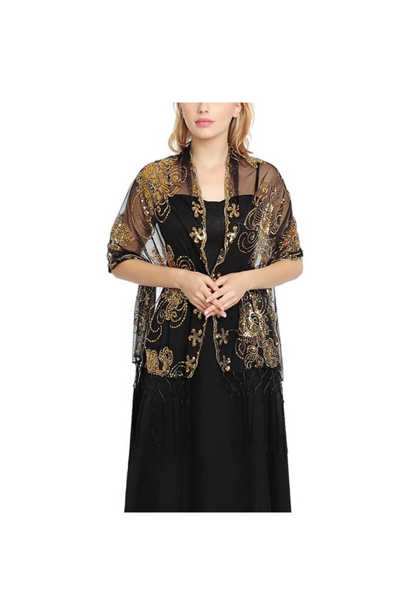 Women's Sheer Pashmina Shawl Winter Scarf Rave Fashion Bridal Luxury Fall Fringe Cozy Lightweight Shawl Black Gold One Size