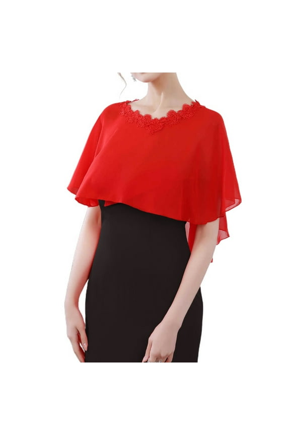 Women's Sheer Shawls and Wraps Chiffon Lace Neck Pashmina Wedding Scarf Elegant Capelet Evening Wedding Dress Cover Up for Bride Tulle Bridal Cape Poncho Red One Size