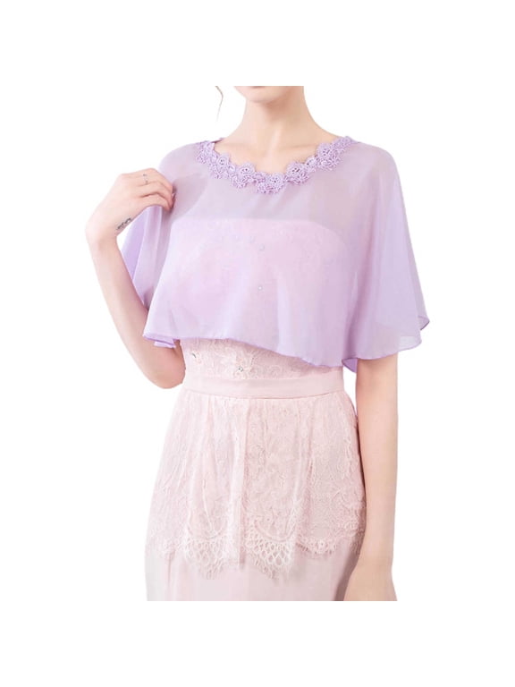 Women's Sheer Shawls and Wraps Chiffon Lace Neck Pashmina Wedding Scarf Elegant Capelet Evening Wedding Dress Cover Up for Bride Tulle Bridal Cape Poncho Purple Lavender One Size