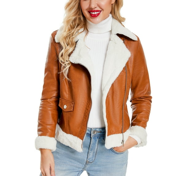 SWSMCLT Women's Sherpa Winter Jacket Fur Lined Faux Leather Warm Fleece Outerwear Short Moto Biker Jackets & Coats Umber Small