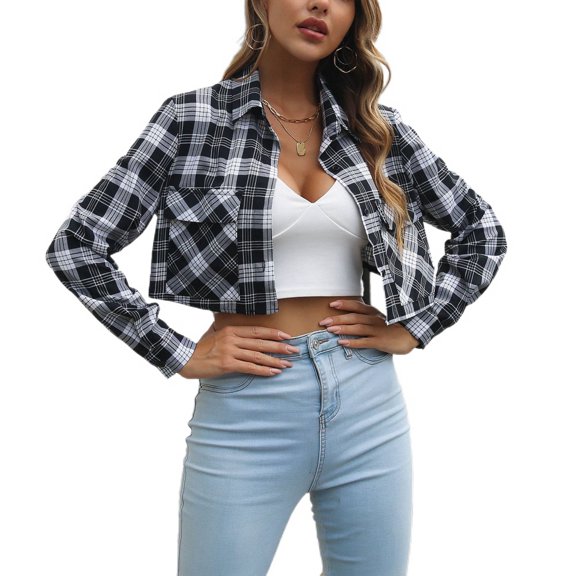 SWSMCLT Women's Shirt Button Down Crop Top Fitted Summer Button Fashion Long Sleeve Pocket Modern Blouse Black Small