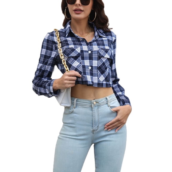 SWSMCLT Women's Shirt Button Down Crop Top Fitted Summer Button Fashion Long Sleeve Pocket Modern Blouse Blue Large