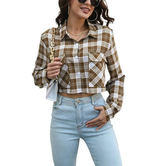 SWSMCLT Women's Shirt Button Down Crop Top Fitted Summer Button Fashion Long Sleeve Pocket Modern Blouse Light Coffee Large