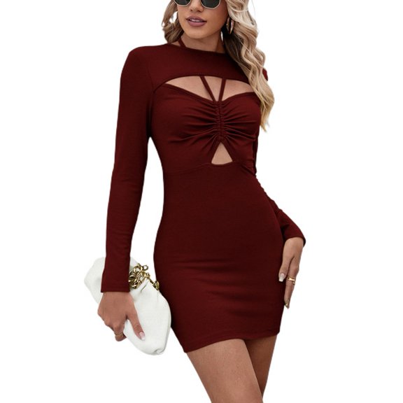 SWSMCLT Women's Short Cocktail Fashion Mini Dress Long Sleeve Dresses Mini Dress Party Fitted Bodycon Sexy Burgundy Large