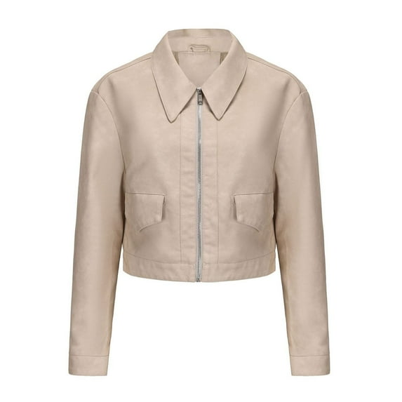 SWSMCLT Women's Short Moto Jacket Collared Slim Fit Crop Jackets Zip Up Motorcycle Coat Long Sleeve Suede Vegan Leather Fall Pockets Beige 12