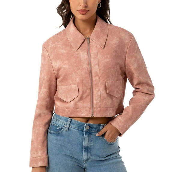 SWSMCLT Women's Short Moto Jacket Collared Slim Fit Crop Jackets Zip Up Motorcycle Coat Long Sleeve Suede Vegan Leather Fall Pockets Peach 8-10