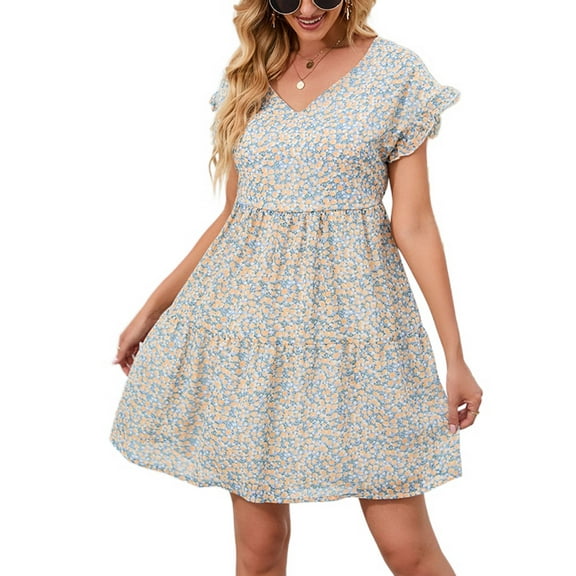 SWSMCLT Women's Short Sleeve Dress Elegant Sundress V Neck Dresses Summer High Waist Holiday Casual Loose Sky Blue X-Large