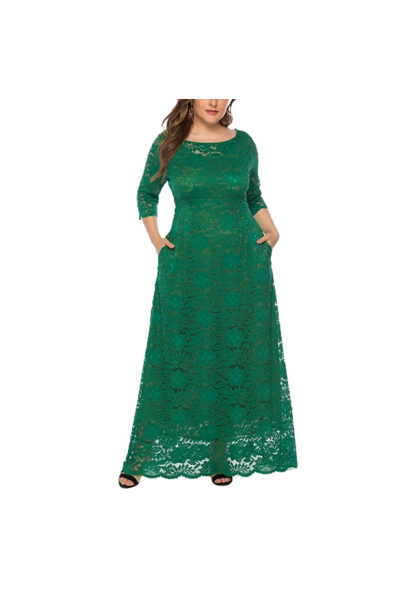 Women's Short Sleeve Dress Maxi Semi Full Length Evening Gown Formal Lace Overlay Bridesmaid Dresses Summer (L-2XL) Green XX-Large