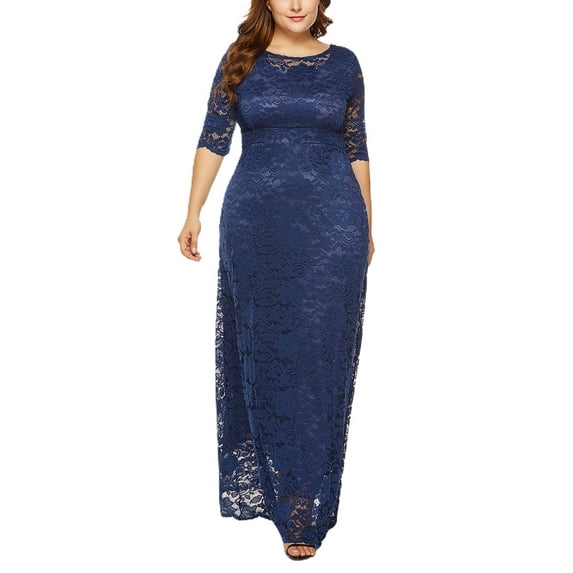 SWSMCLT Women's Short Sleeve Dress Maxi Semi Full Length Evening Gown Formal Lace Overlay Bridesmaid Dresses Summer (L-2XL) Navy Large