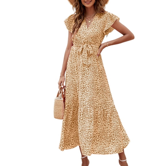 SWSMCLT Women's Short Sleeve Dress V Neck DressesSwing Casual Elegant Summer Sleeveless Floral Printed Yellow Medium