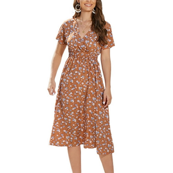 SWSMCLT Women's Short Sleeve Dresses Smocked Spring Sundress V Neck Dress Fall Wrap Holiday Beach Summer Brown X-Large