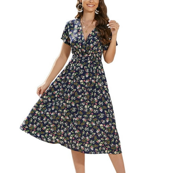 SWSMCLT Women's Short Sleeve Dresses Smocked Spring Sundress V Neck Dress Fall Wrap Holiday Beach Summer Navy Small
