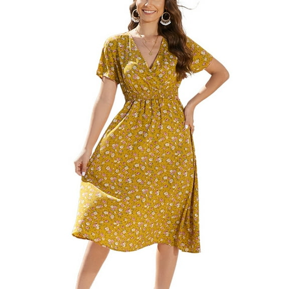 SWSMCLT Women's Short Sleeve Dresses Smocked Spring Sundress V Neck Dress Fall Wrap Holiday Beach Summer Yellow X-Large