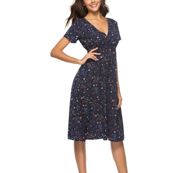 SWSMCLT Women's Short Sleeve Floral Printed Midi Dresses V Neck Dress Fall Ruched Cute Beach Vintage Holiday Dinner Dark Blue XX-Large