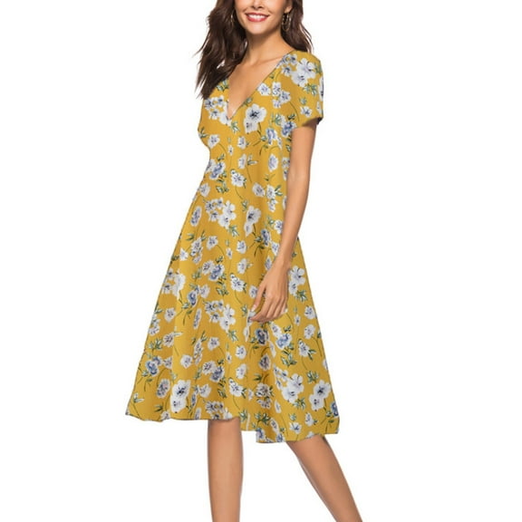 SWSMCLT Women's Short Sleeve Floral Printed Midi Dresses V Neck Dress Fall Ruched Cute Beach Vintage Holiday Dinner Mustard Yellow Large