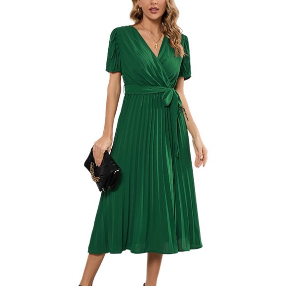 SWSMCLT Women's Short Sleeve High Waist Ruched Long Dresses Fall Dress V Neck Fitted Fashion Spring Sundress Green XX-Large